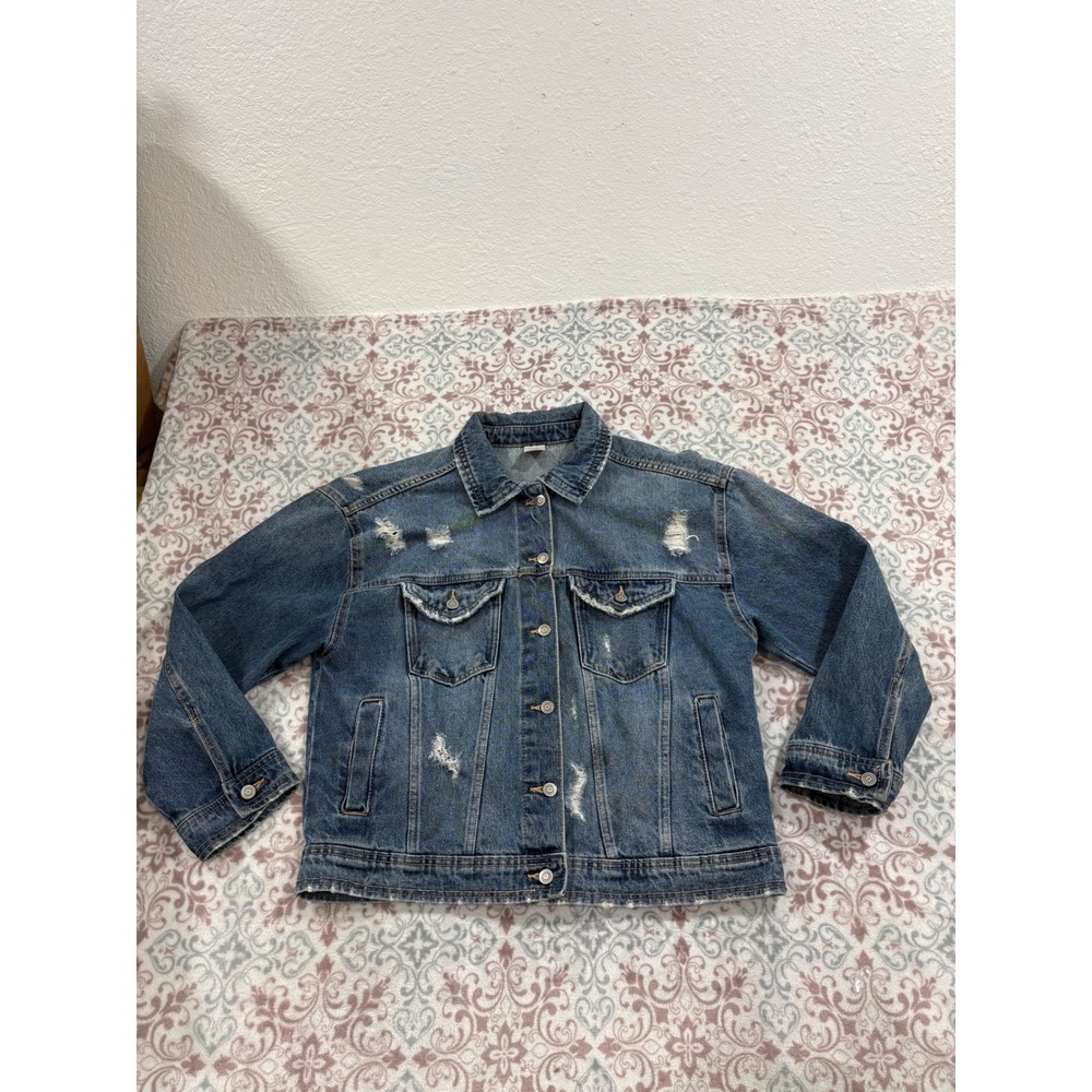 No Boundaries Distressed Denim Jacket Medium Wash Blue Jean Jacket L 11-13